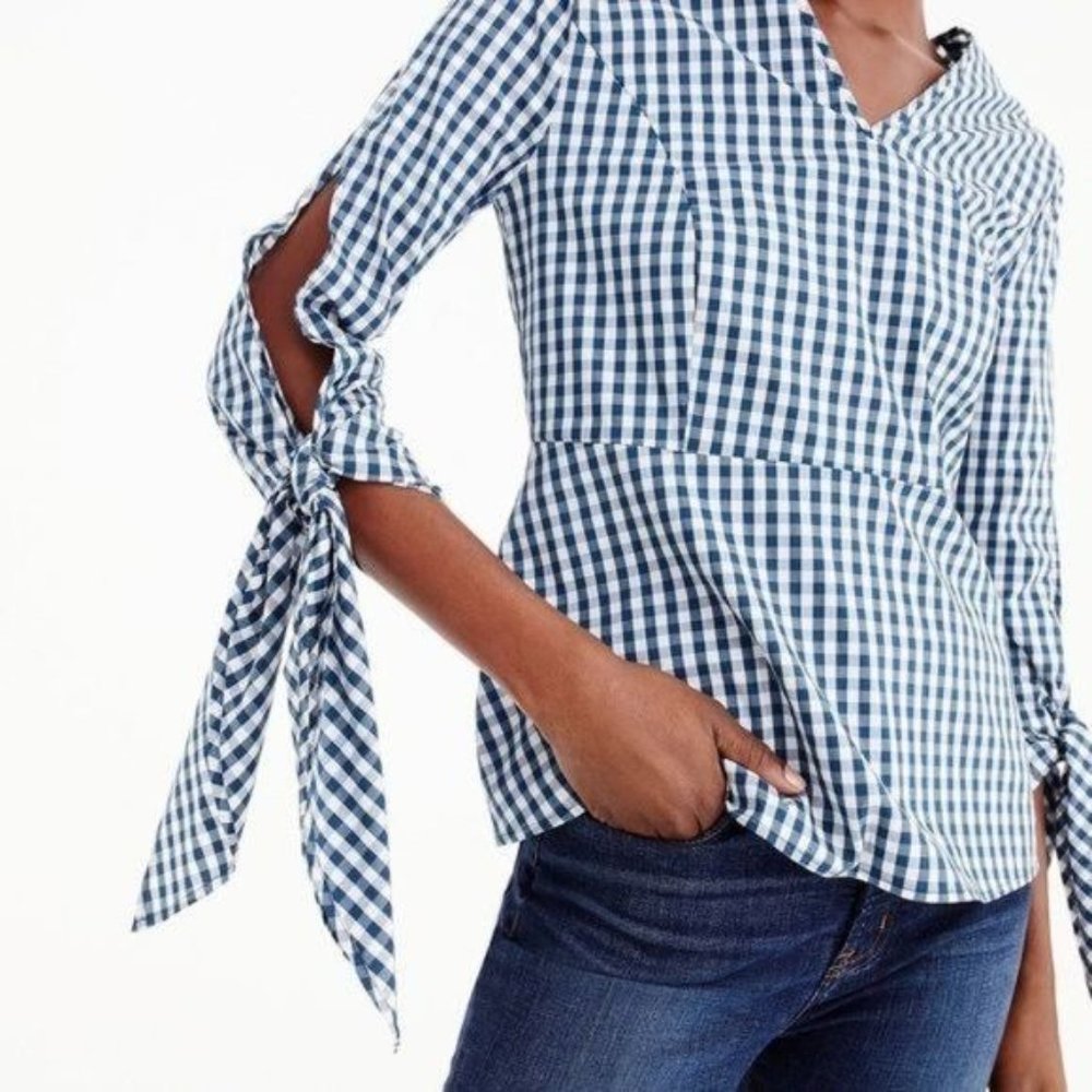 J. Crew poplin tie-sleeve top in Sailor Blue Gingham Size Small NWT